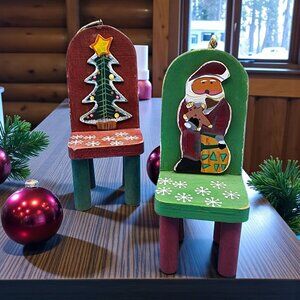 Vintage Wooden Santa & Tree Chair Folk Art Ornaments Handcrafted Set 1997
